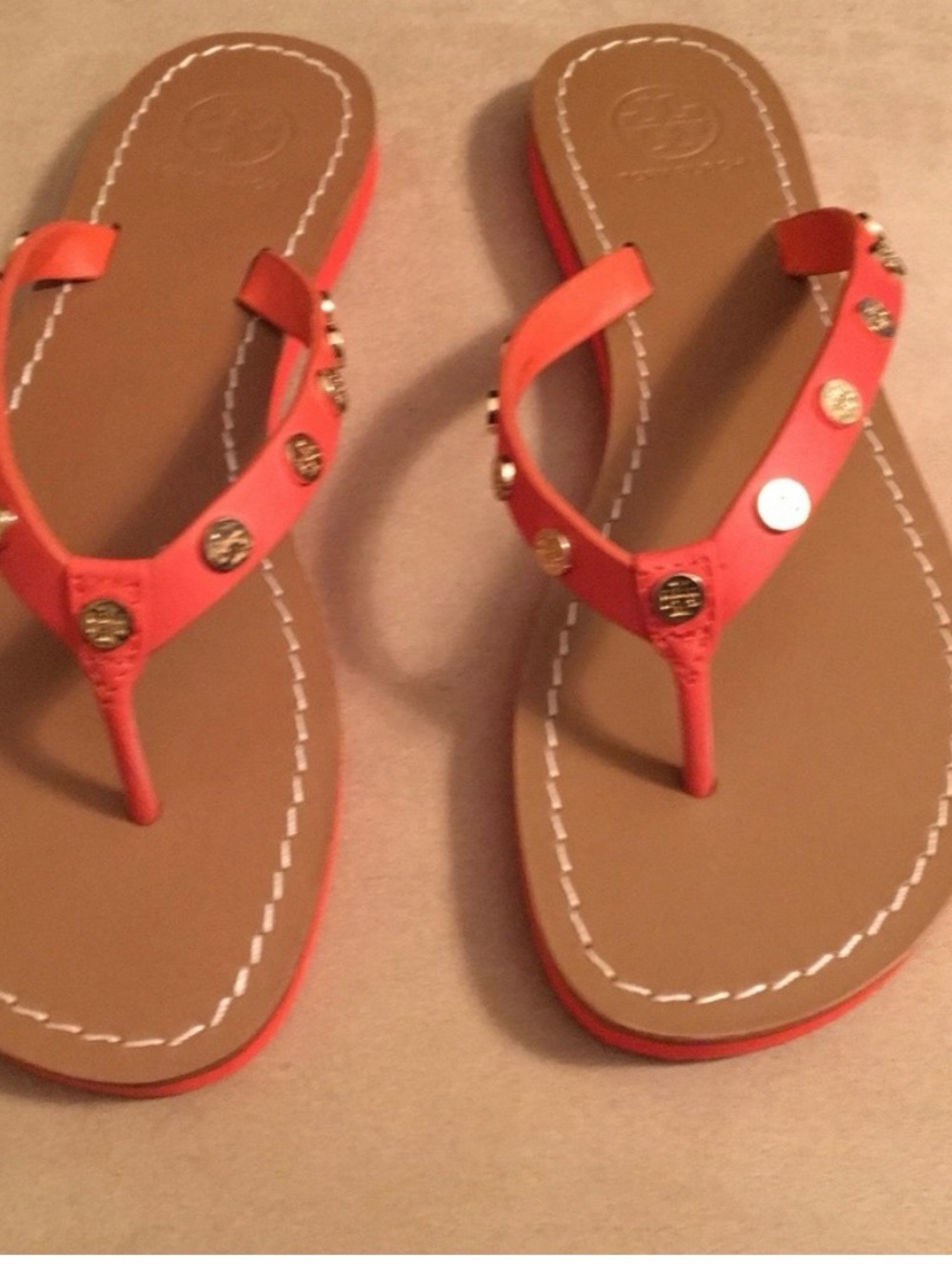 Tory Burch Coral Thong Sandals with Gold Logo Studs